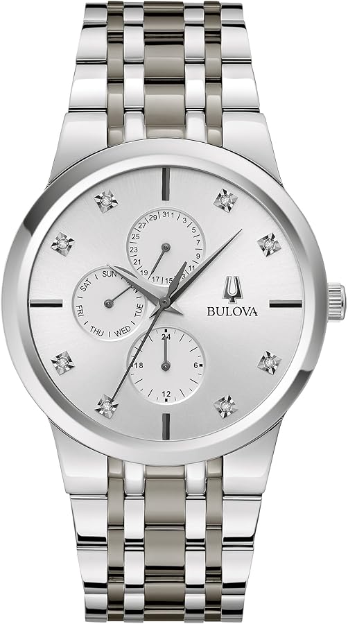 Bulova Men's Multi-Function 3-Hand Quartz Watch with Diamond Dial, Edge to Edge Crystal