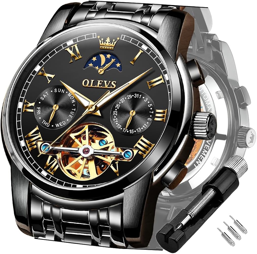 OLEVS Mens Watch Automatic Mechanical Tourbillon Self Winding Luxury Stainless Steel Waterproof Luminous Date Wrist Watch