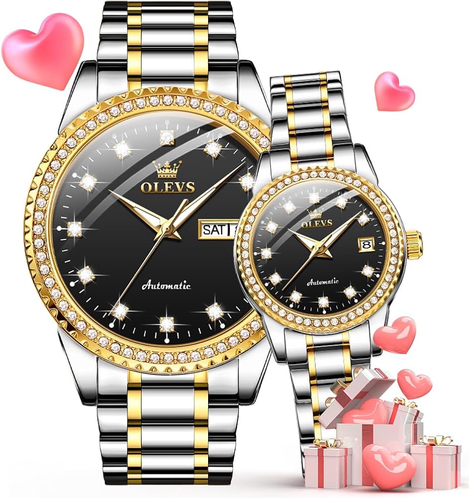 OLEVS Couple Pair Watches Set Automatic Mechanical Self Winding Dress Matching Watch for His and Hers Valentines Day Gifts