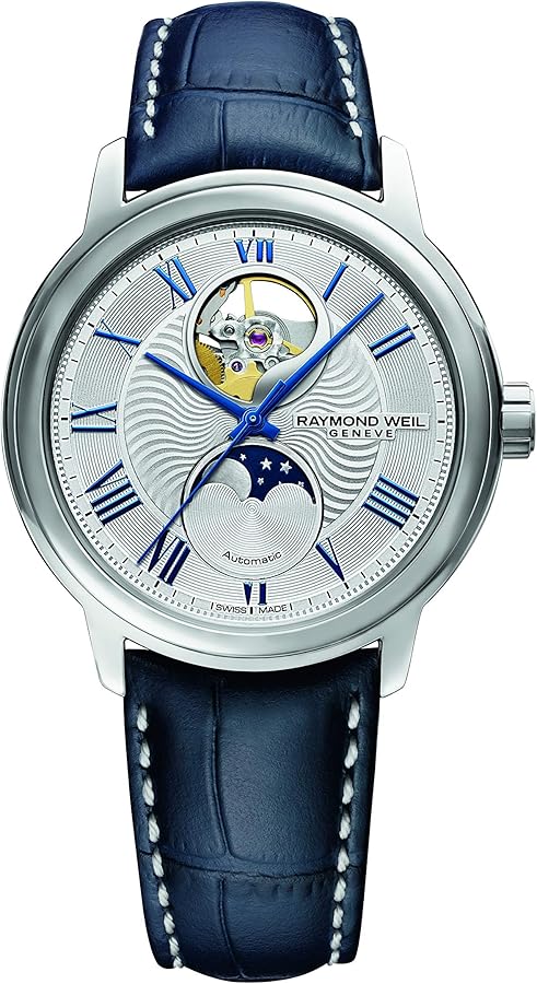 RAYMOND WEIL Maestro Men's Automatic Watch, Moon Phase Functions, Visible Balance Wheel, Silver Dial, Roman Numerals, Stainless Steel, Blue Leather Strap, 39.5 mm (Model: 2240-STC-00655)