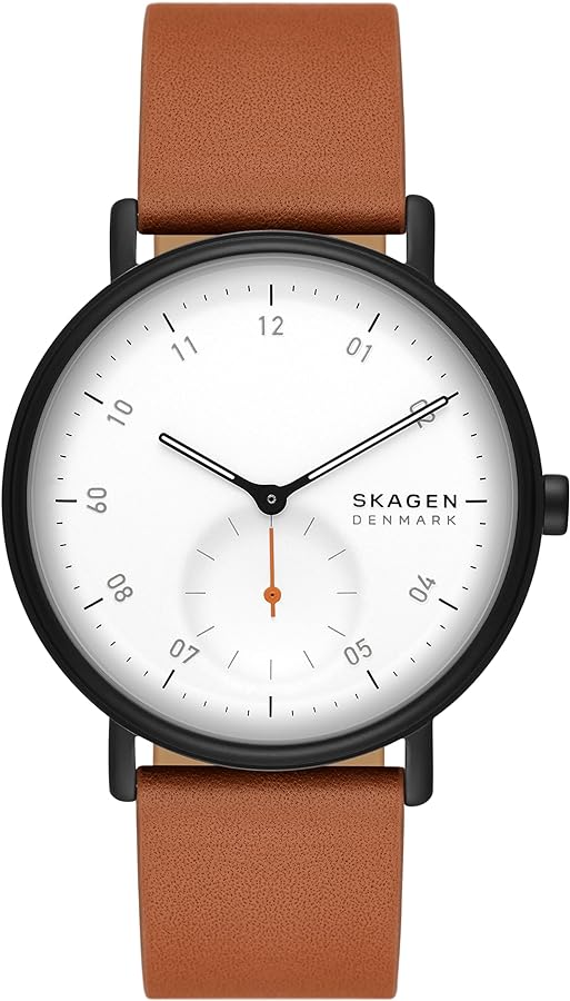 Skagen Men's Kuppel Two-Hand Sub-Second Black Stainless Steel and Brown Leather Band Watch (Model: SKW6889)