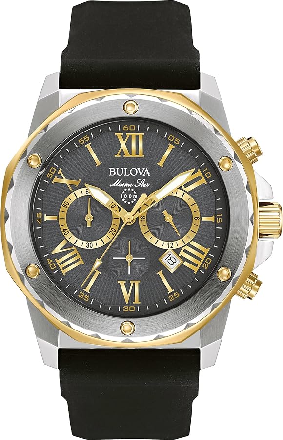 Bulova Men's Marine Star Series A Two-Tone Gold Ion-Plated Stainless Steel 6-Hand Chronograph Quartz Watch, Black Silicone Strap, 44mm Style: 98B277