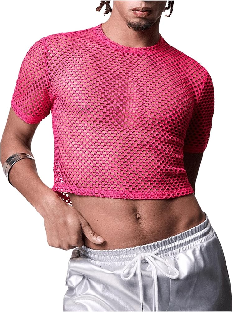 GORGLITTER Men's Crop Top Fishnet Cropped T Shirt Sheer Mesh See Through Tank Shirt