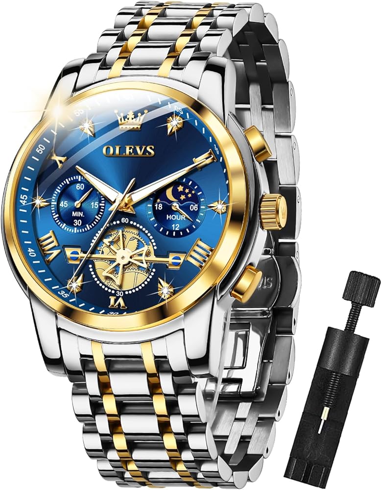 OLEVS Mens Watches Diamond Chronograph Fashion Casual Dress Wrist Watch Moon Phase Luminous Waterproof