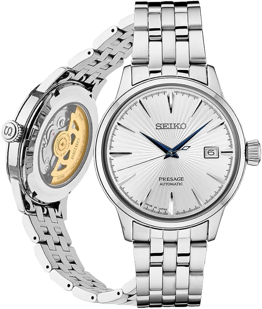 SEIKO SRPB77 Automatic Watch for Men - Presage Cocktail Time - Patterned Silver Dial with Gloss Finish, Date Calendar, 50m Water-Resistant