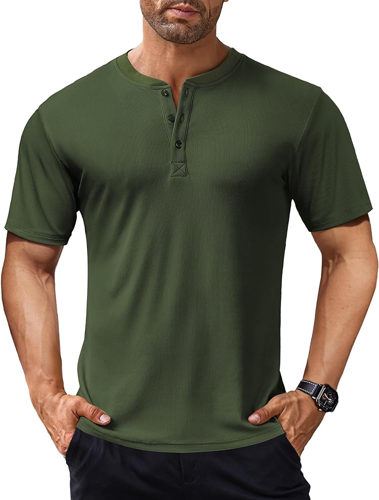 COOFANDY Men's Short Sleeve Henley Shirts Stretch Ribbed T-Shirts Fashion Casual Basic Tops