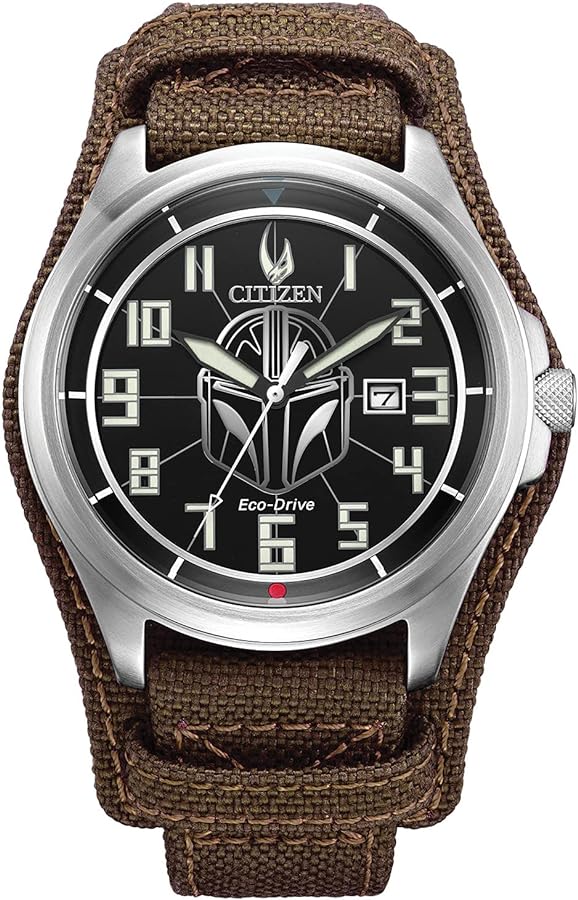 Citizen Eco-Drive Men's Star Wars Mandalorian Watch, Brown Nylon and Leather Watch, Stainless Steel, 3-Hand Date, Luminous, 44mm (Model: AW1411-05W)