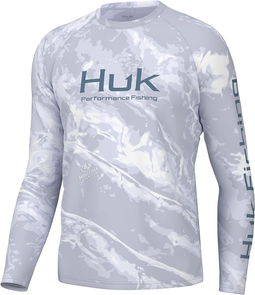 HUK Men's Standard Pursuit Pattern Crew Sleeve, Performance Shirt, Mossy Oak-Stormwater Midnight