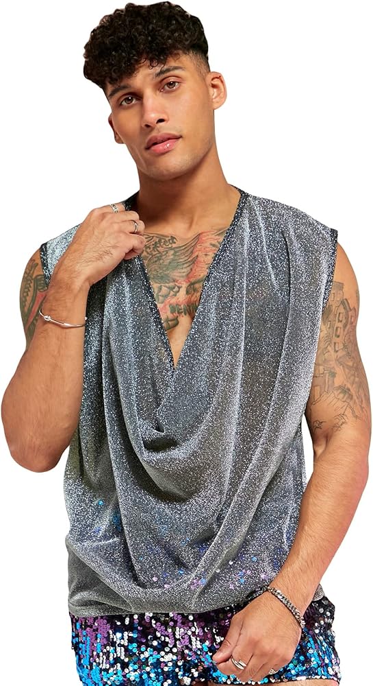 Floerns Men's Glitter Sleeveless Draped Collar Cowl Neck Party Clubwear Tank Top