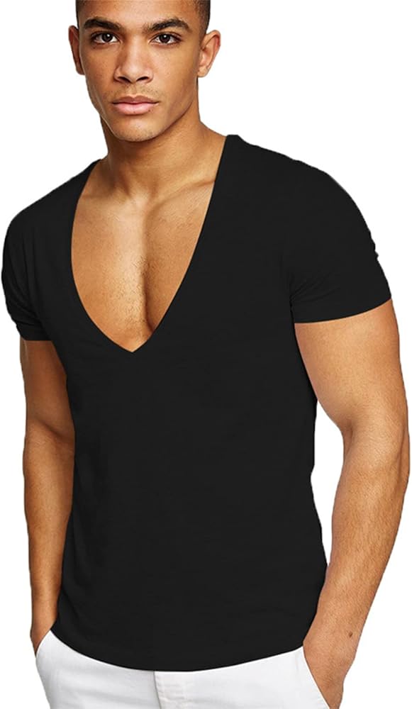 Rela Bota Mens Deep V Neck T shirt Stretch Muscle Gym Workout Tee shirt Short Sleeve Slim Fit Low Cut Tank Tops