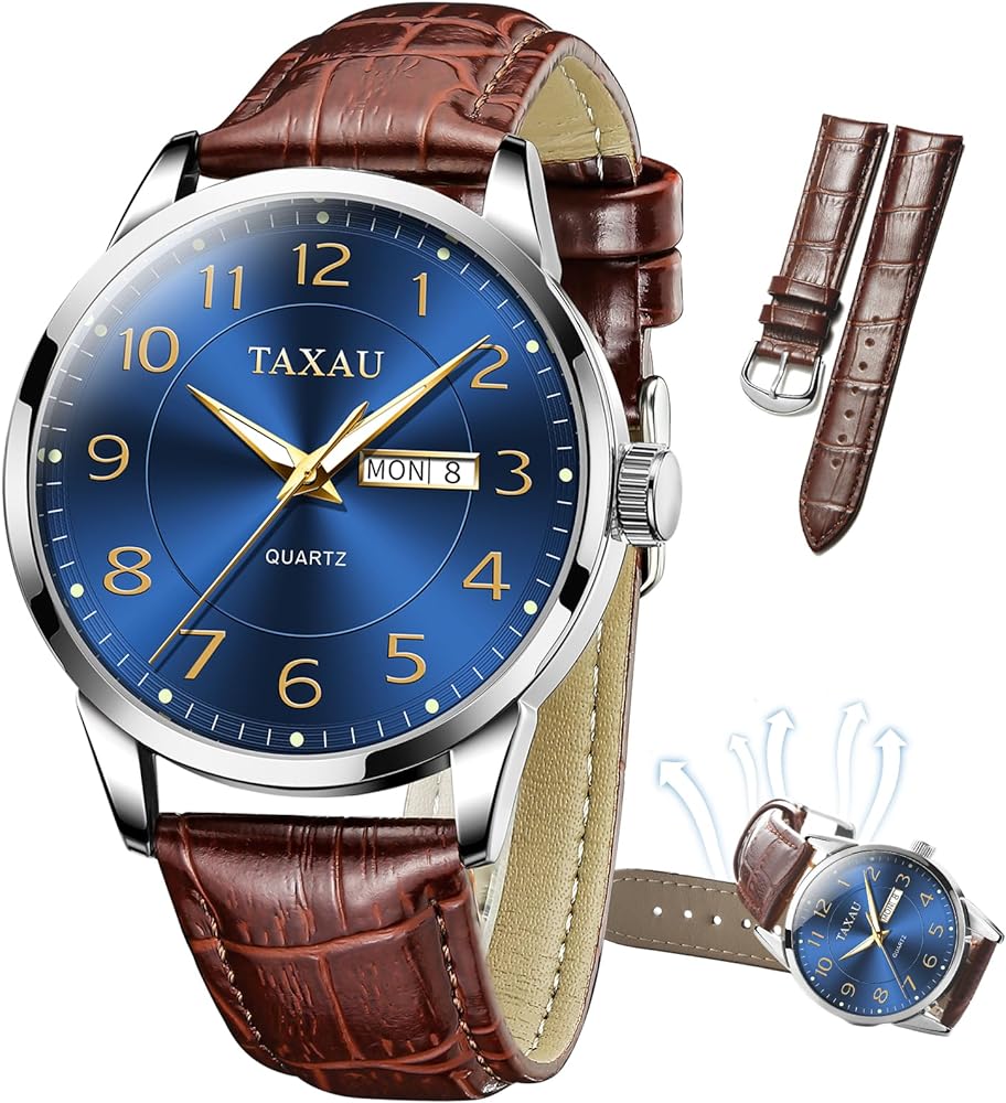 Watch Men,Big Face Watch for Men,Leather Band Men Watches,Classic Watch Men,Date Day Watch Men,Analog Watch Men,Waterproof Watch,Mens Wrist Watch,Relojes para Hombres Blue/Gray/White/Black Dial