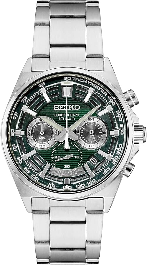 SEIKO SSB405 Watch for Men - Essentials - with Black Tachymeter Ring, Green Dial with Gray Accents, Date Indicator, Stainless Steel Case and Bracelet, and 100m Water-Resistant