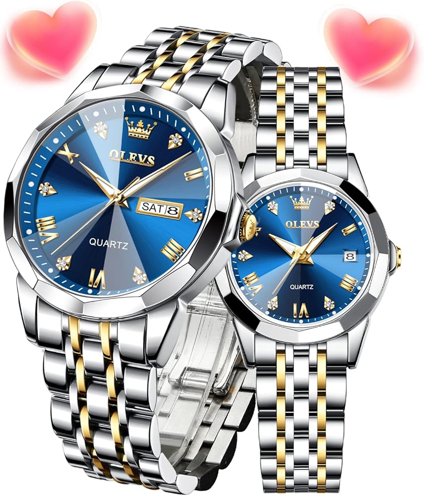 OLEVS Couple Watches His and Her Fashion Dresse Romantic Set Pair Matching Stainless Steel Strap Luminous Waterproof Wrist Watch