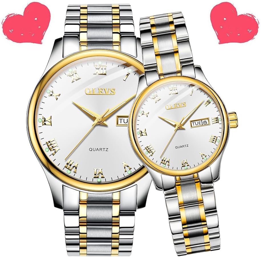 OLEVS His and Her Couple Watches Business Men Women Couple Set Pair Black Watch Matching Romantic Quartz Stainless Steel Waterproof Date