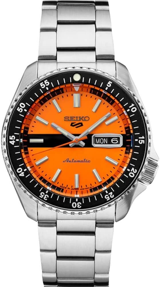 SEIKO SRPK11 Automatic Watch for Men - 5 Sports Collection - Men's Sport Watch with Orange Dial, Stainless Steel Bracelet - Water-Resistant 100M