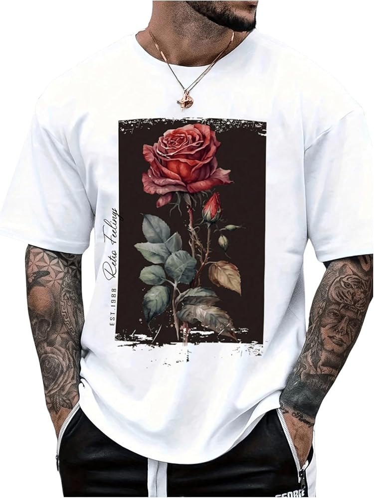 OYOANGLE Men's Graphic Print Drop Shoulder Short Sleeve T-Shirt Crew Neck Loose Fit Casual Tees