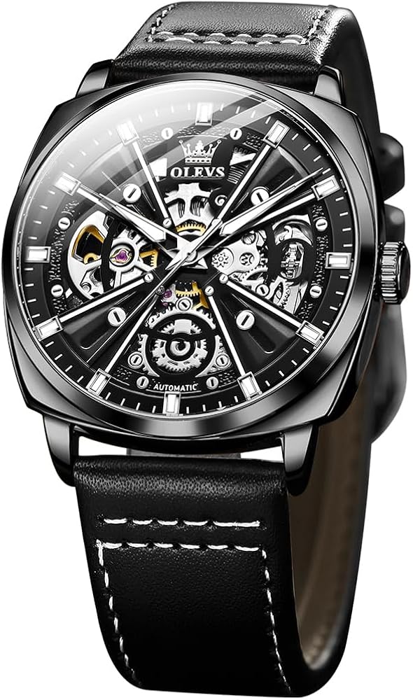 OLEVS Watch for Men Automatic Skeleton Mechanics Self Winding Luxury Stylish Leather Strap