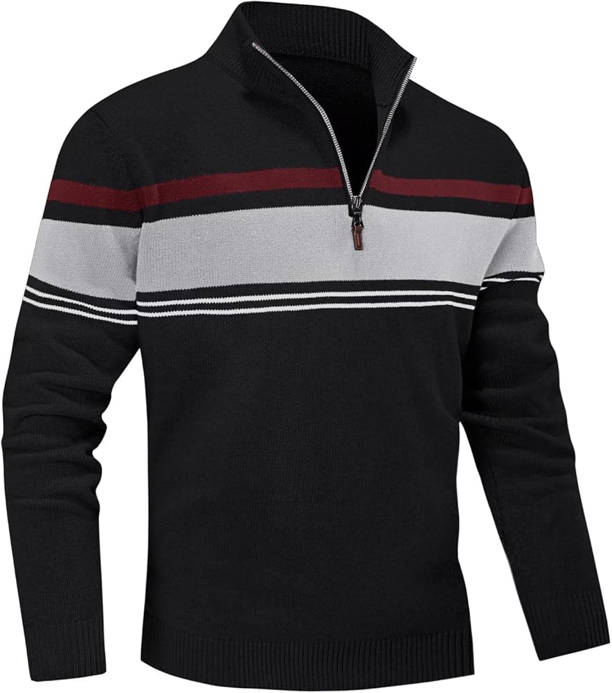 MAGNIVIT Men's Sweater Quarter Zip Striped Pullover Fall Winter Spring Color Block Polo Sweatshirts