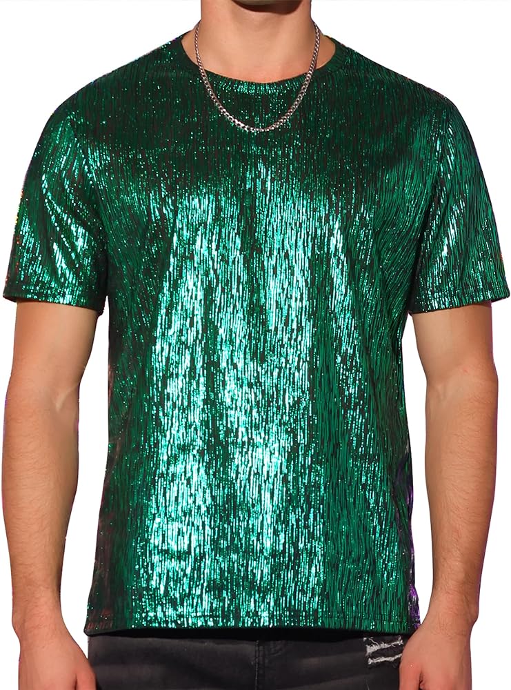 Lars Amadeus Metallic Tee for Men's Round Neck Short Sleeves Club Sparkle Shiny T-Shirt Top