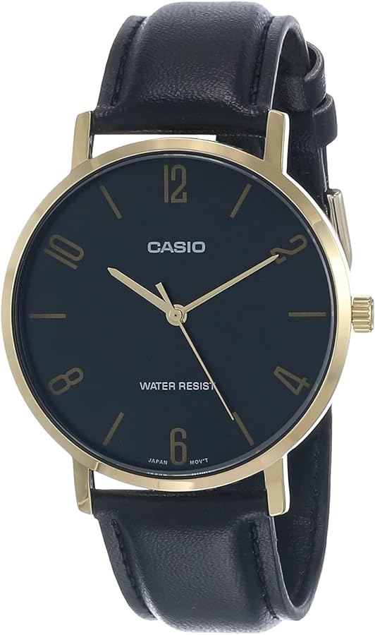 Casio MTP-VT01GL-1B2 Men's Minimalistic Gold Tone Black Leather Band Black Dial 3-Hand Analog Watch