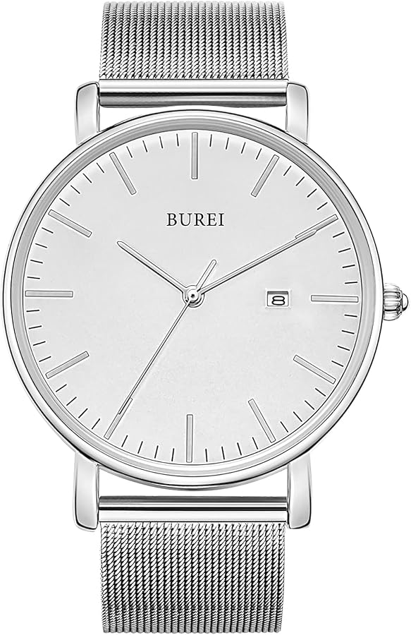 BUREI Men Wrist Watches Fashion Minimalist Analog Mesh Quartz Waterproof Watches for Men