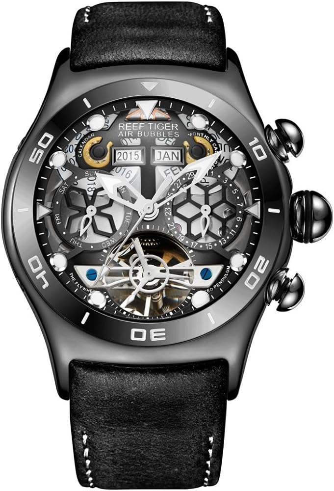 REEF TIGER Sport Watches for Mens Black Skeleton Dial Steel Tourbillon Watch RGA703