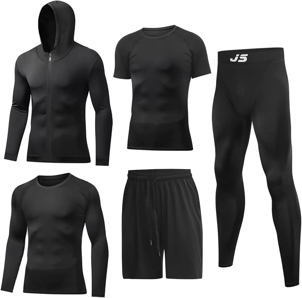 JULY'S SONG Men Compression Workout Set 5 PCS Dry Quick Shirt Pants Shorts Tights Jacket Clothes for Gym