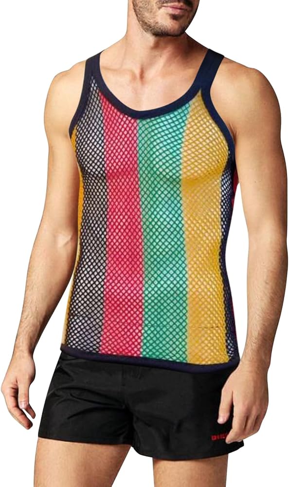 Men's Rasta String Mesh Vest Fishnet Fitted 100% Cotton Sleeveless Muscle Tank Top