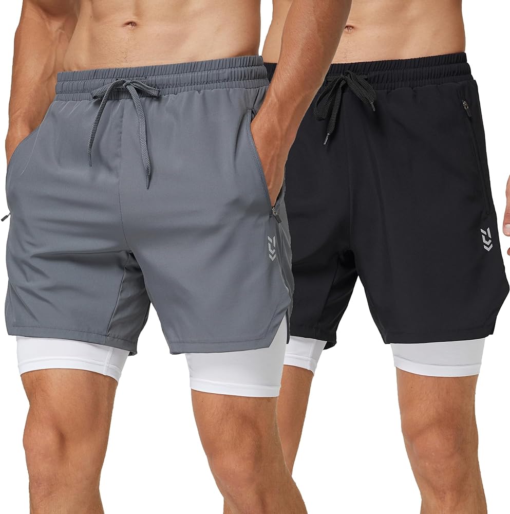 frueo 2 Pack 2 in 1 Mens Running Shorts Dry Fit Workout Gym Light Sport Athletic Shorts with Zipper Pocket Base Liner Shorts