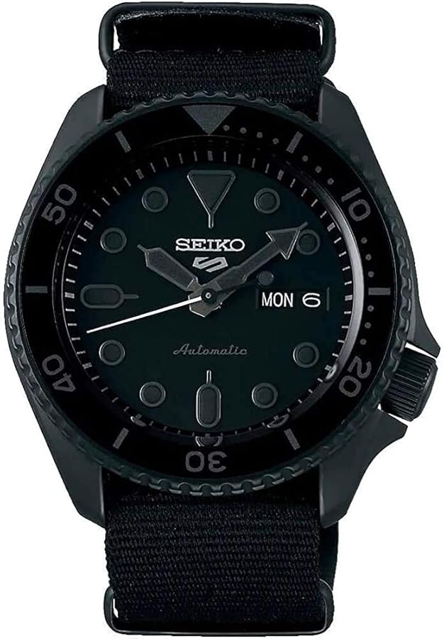 Seiko SRPD79 Watch for Men - 5 Sports, Automatic with Manual Winding, Black Dial with Black Bezel, Black Ion Stainless Steel Case, Black Nylon Strap, and Day/Date