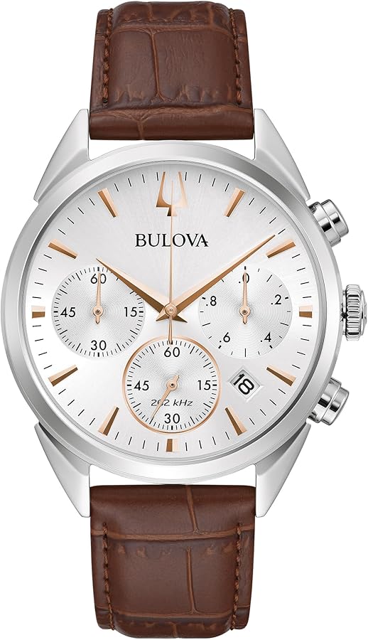 Bulova Men's Classic Sutton 6-Hand Chronograph High Performance Quartz Stainless Steel Case Watch with Brown Leather Strap, Silver-White Dial, 41.5mm Style:96B370