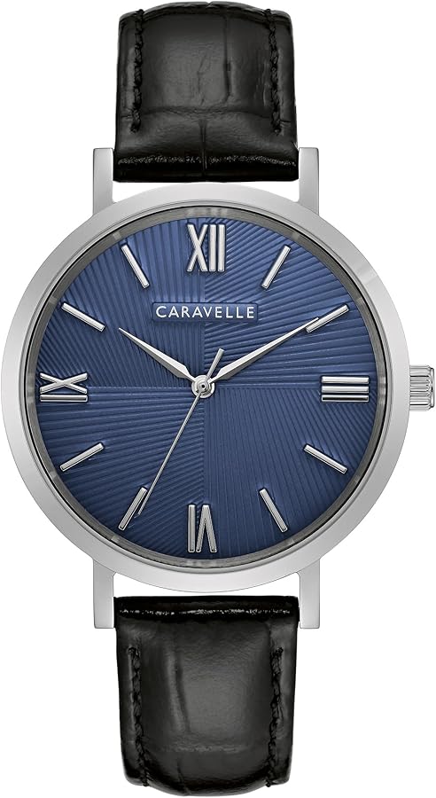 Caravelle by Bulova Men's Dress 3 Hand Quartz Leather Strap Watch, Stainless Steel Case, 40mm