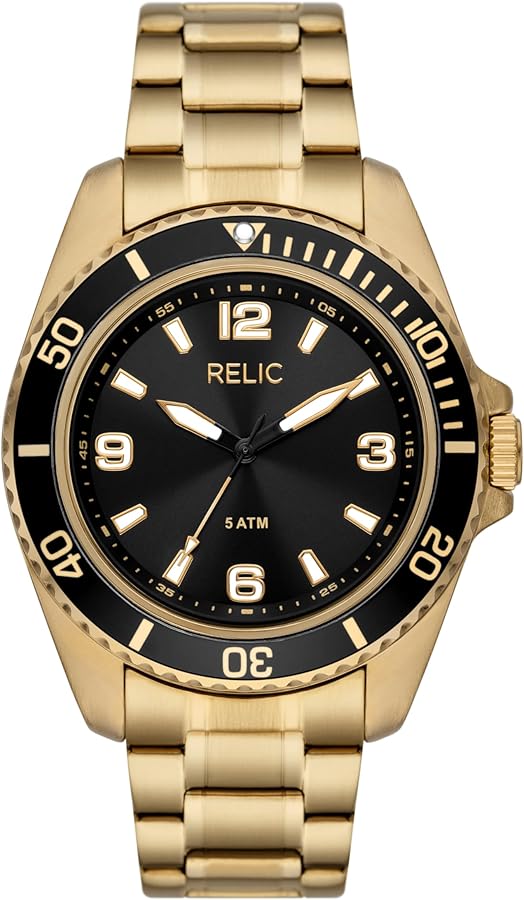 Relic by Fossil Men's Dustin Three-Hand Gold Stainless Steel Bracelet Sport Watch with Black Dial and Bezel (Model: ZR12668)