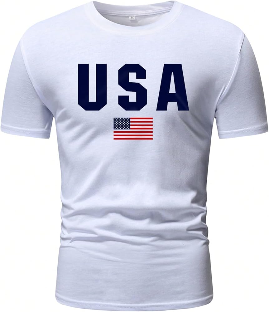 SOLY HUX Men's Graphic Letter Short Sleeve Tee Round Neck Casual T-Shirt Tops USA Flag Shirts