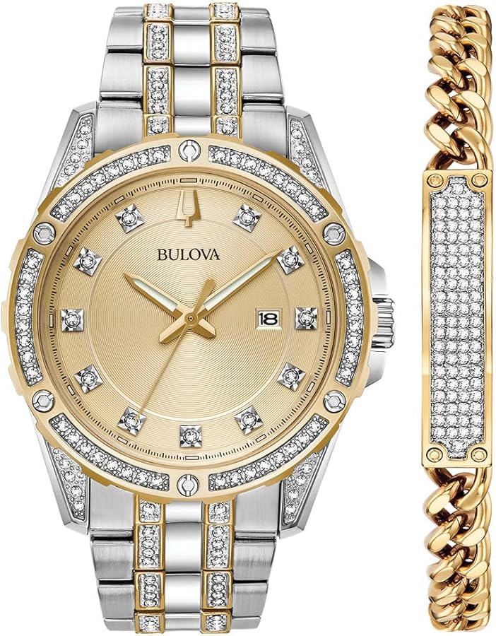 Bulova Men's Crystal Accented Gift Set with 3-Hand Date Quartz Watch and ID Bracelet