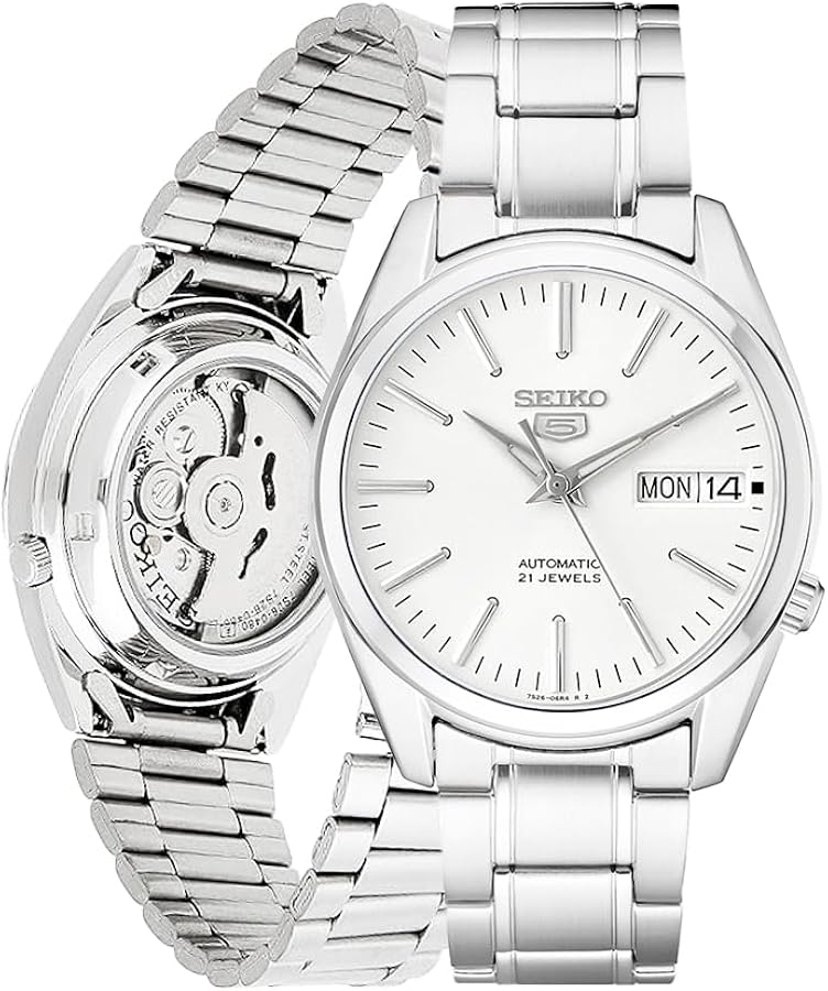 SEIKO SNKL41 Automatic Watch for Men 5-7S Collection - White Dial with Luminous Silver Hands, Day/Date Calendar, Stainless Steel Case & Bracelet