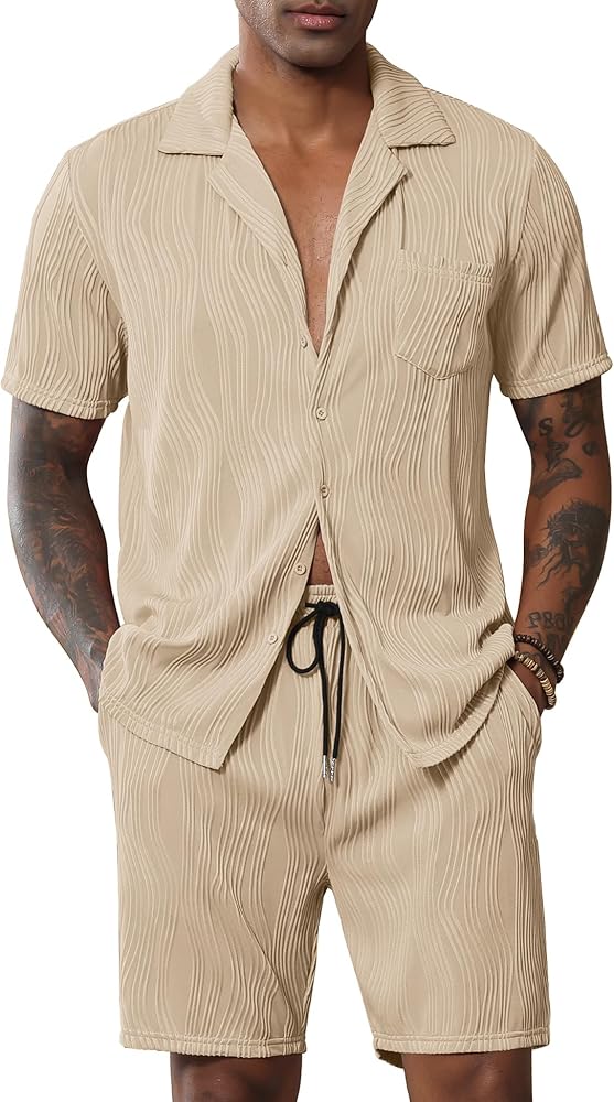 LecGee Men's Short Sleeve 2 Pieces Wavy Pleated Button Down Shirt & Shorts set Summer Tracksuit Hippie Casual Beach