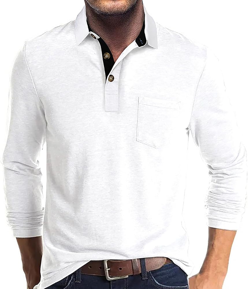 Mens Long Sleeve Polo Shirts Classic Button Down Golf Shirt Fashion Casual Moisture Wicking Shirts with Pocket