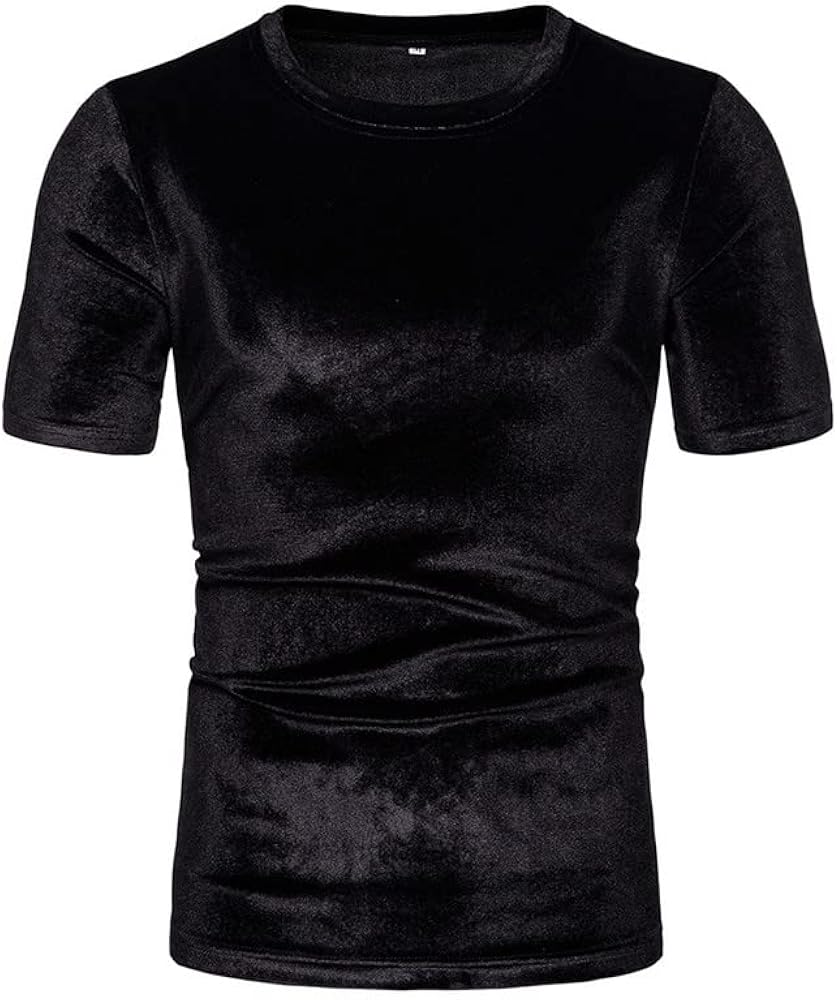 KISSQIQI Mens Shirt Velvet Glossy Short Sleeve Solid Color Fashion T-Shirt