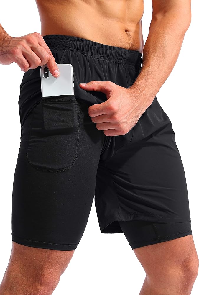 Pudolla Men’s 2 in 1 Running Shorts 7" Quick Dry Gym Athletic Workout Shorts for Men with Phone Pockets