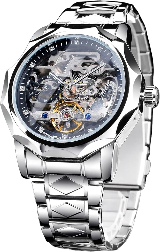 FORSINING Men's Luxury Gold & Black Hollow Skeleton Tourbillon Watch, Dodecagon Diamond Scale Self-wind Mechanical Watches, Independent Seconds Rhombus Stainless Steel Band Automatic Wristwatch