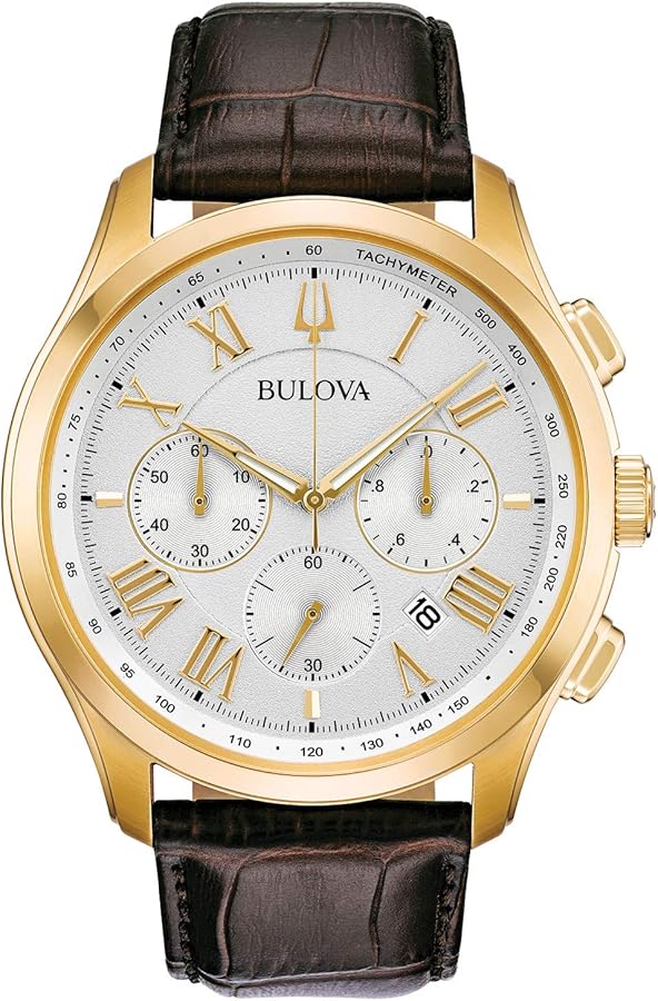 Bulova Men's Classic Wilton 3-Hand 21-Jewel Watch, 60 Hour Power Reserve, Luminous Hands, Open Aperture, Roman Numeral Markers Domed Sapphire Crystal, 43mm, Brown Strap/ Gold Tone