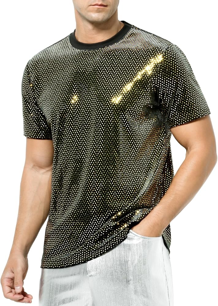 Arjen Kroos Men's Short Sleeve Luxury Sequin T-Shirts Sparkly Velvet Dress Shirts