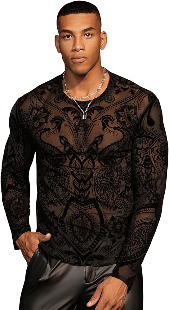 OYOANGLE Men's Floral Print Mesh Sheer Tops Long Sleeve Mock Neck Slim Fit Tee Shirt