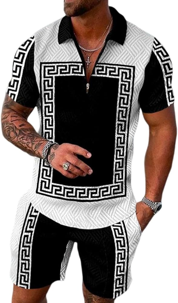 Men's Short Sets Outfits 2 Piece Summer Tracksuit Short Sleeve Zip Polo Shirt and Shorts Set Casual Beach Outfits