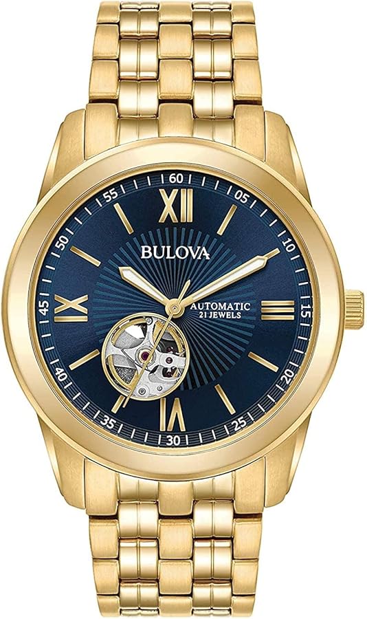 Bulova Men's Classic 3 Hand Automatic Gold Stainless Steel Watch, Blue Dial (Model:97A131)