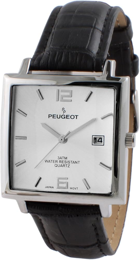 Peugeot Men's Modern Square Casual Quartz Wrist Watch with Metal Case and Leather Strap