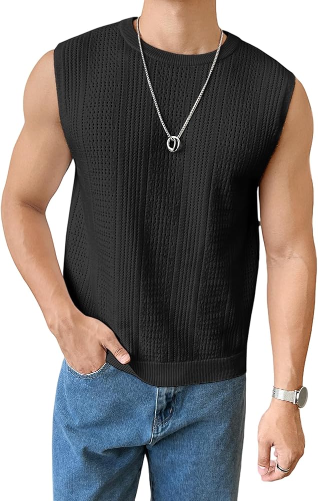 WDIRARA Men's Solid Ribbed Knit Tank Top Sleeveless Round Neck Casual Cami Shirt