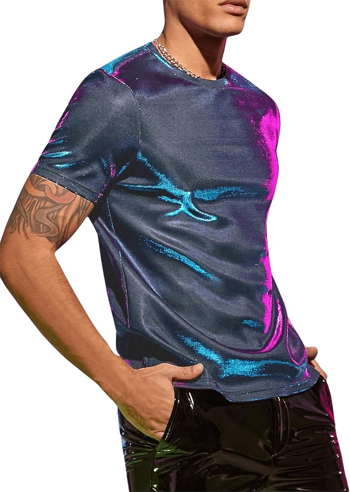 WDIRARA Men's Metallic T Shirt Holographic Round Neck Short Sleeve Shiny Tee Tops